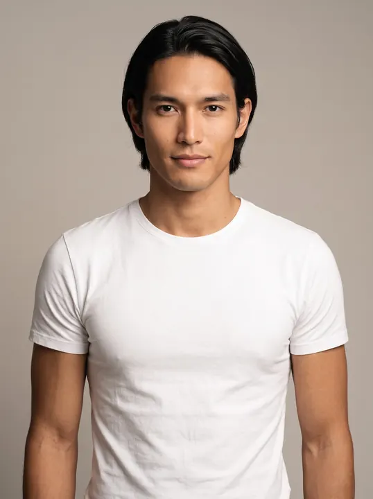 Kai, a fictional AI model: a man with black hair tucked behind his ears, in a white tee