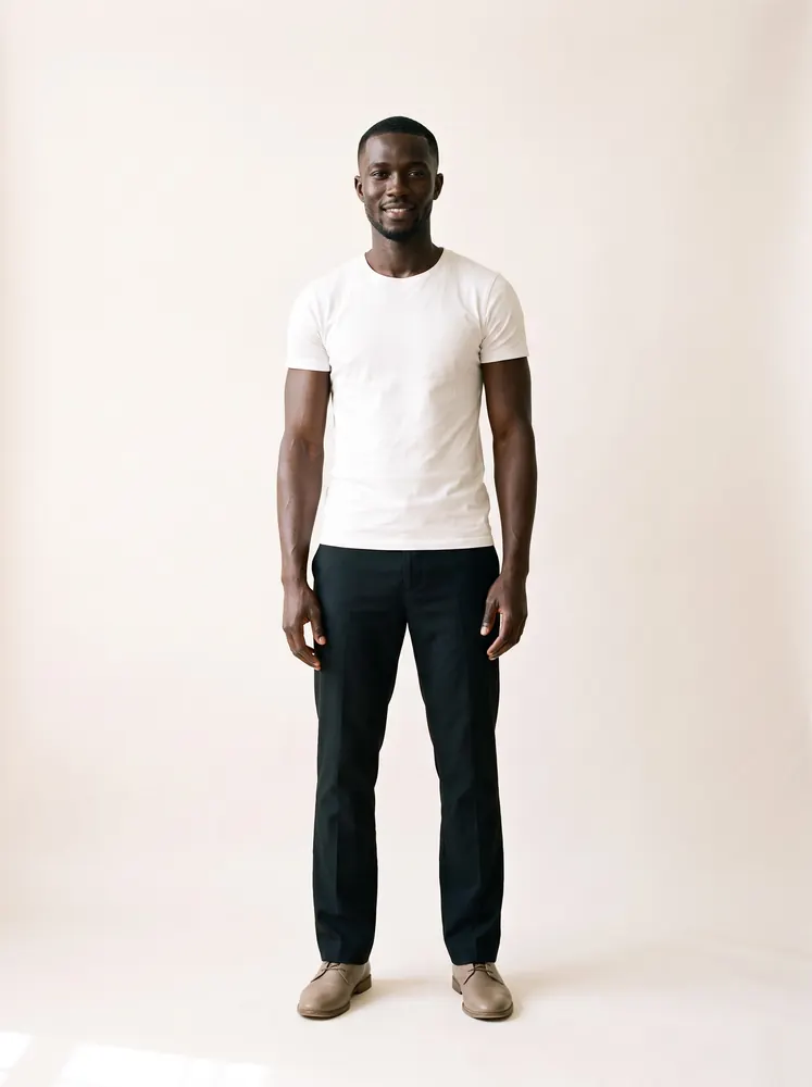 Kwame, a fictional AI model: full length and smiling, in a white tee and dark trousers