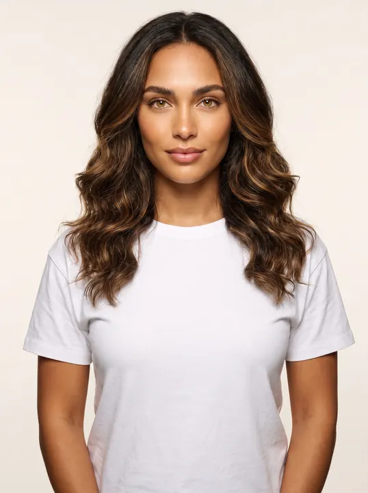 Leila, a fictional AI model: a woman with long caramel-brown waves, in a white tee