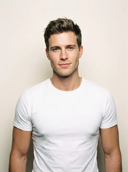 Leon, a fictional adult AI model with short dark hair and a chiselled jaw, in a white T-shirt