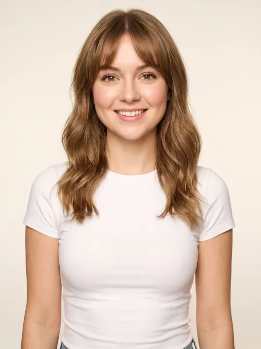 Lily, a fictional AI model: a smiling woman with wavy light-brown hair and curtain bangs, in a white tee