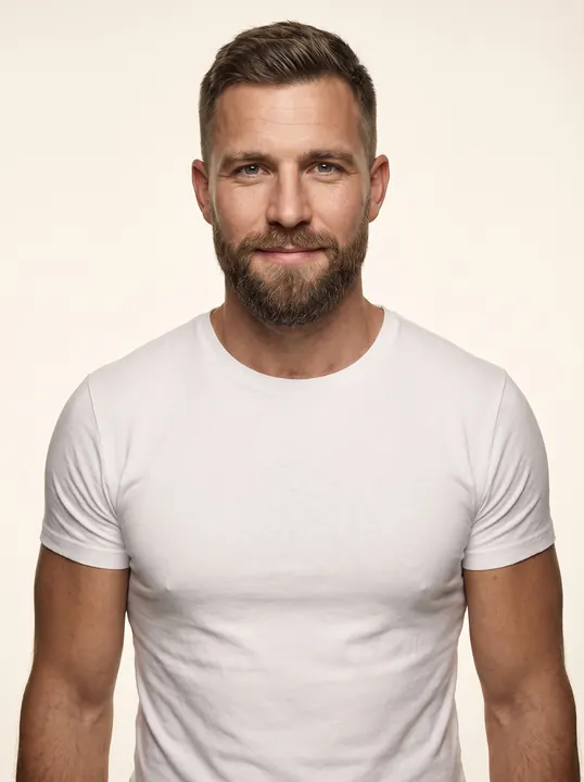 Lukas, a fictional AI model: a man with short brown hair and a full beard, in a white tee
