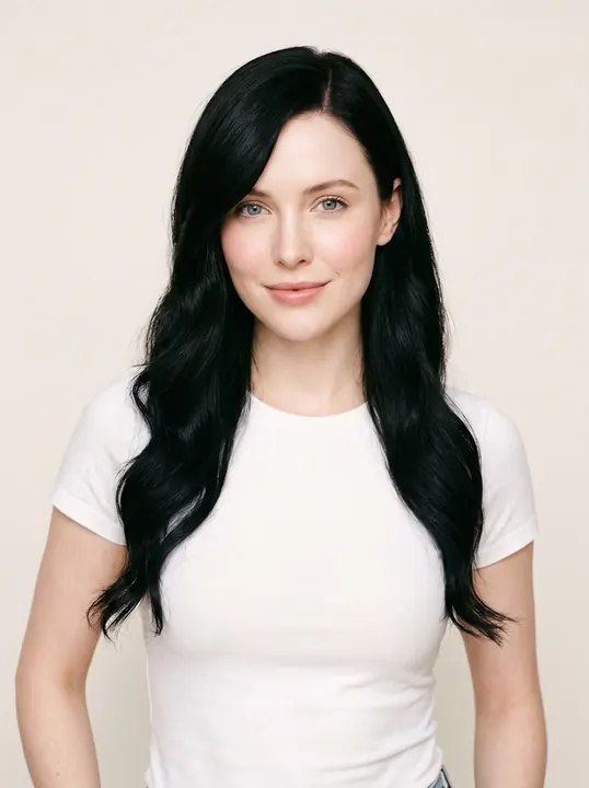 Maeve, a fictional AI model: a woman with long jet-black waves and pale skin, in a white tee
