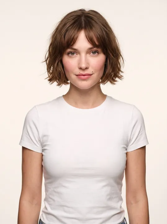 Margaux, a fictional AI model, in a white T-shirt