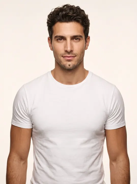 Matteo, a fictional AI model, in a white T-shirt