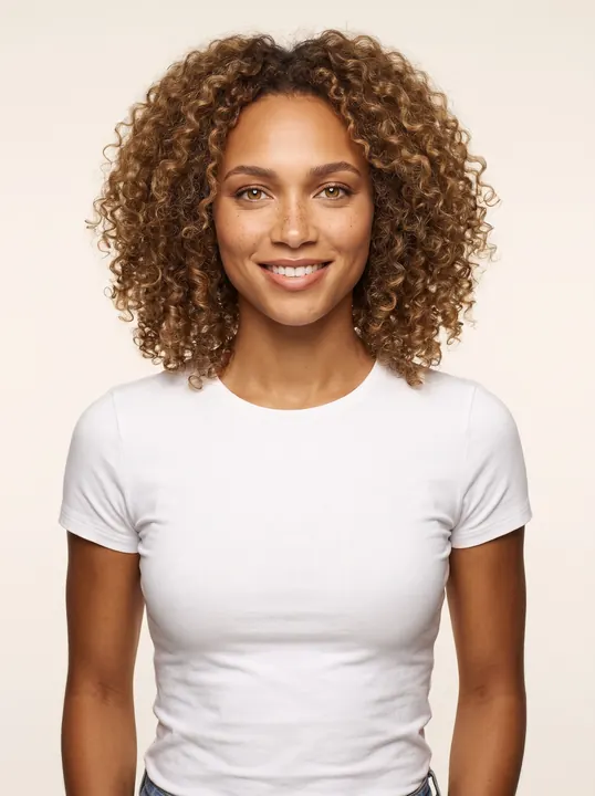 Maya, a fictional AI model: a smiling woman with shoulder-length honey curls, in a white tee