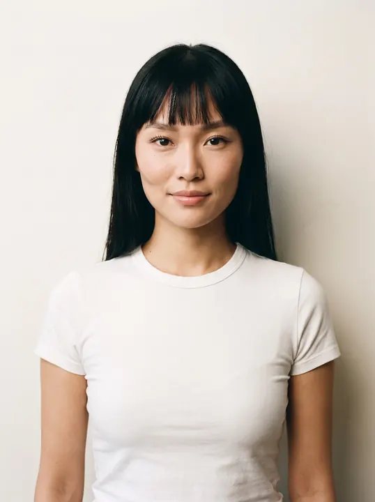Mei, a fictional AI model: a woman with long black hair and blunt bangs, in a white tee