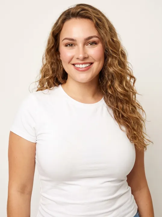 Nell, a fictional AI model: a smiling woman with long curly hair, in a white tee