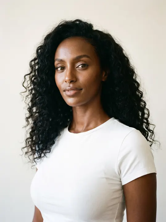 Nia, a fictional AI model: a woman with long defined black curls, in a white tee