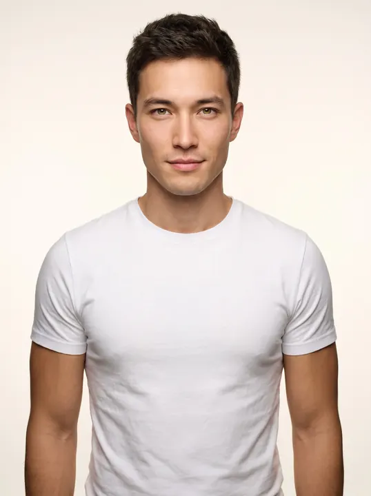 Noah, a fictional AI model: a clean-shaven man with short dark hair and light eyes, in a white tee