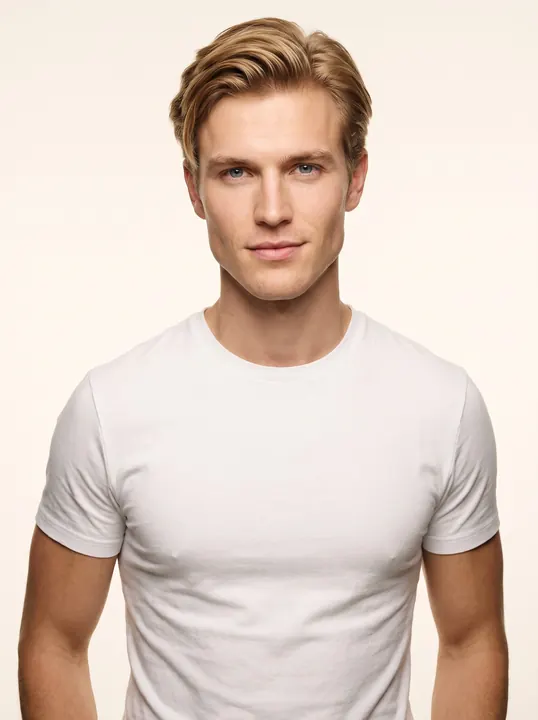 Oscar, a fictional AI model, in a white T-shirt