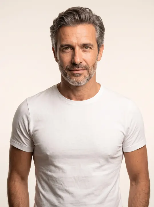 Rafael, a fictional AI model, in a white T-shirt
