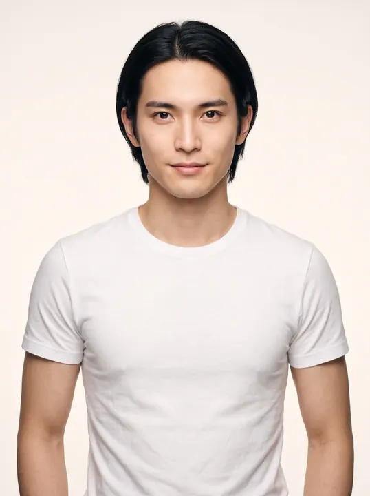Ren, a fictional AI model: a man with chin-length black hair parted in the middle, in a white tee