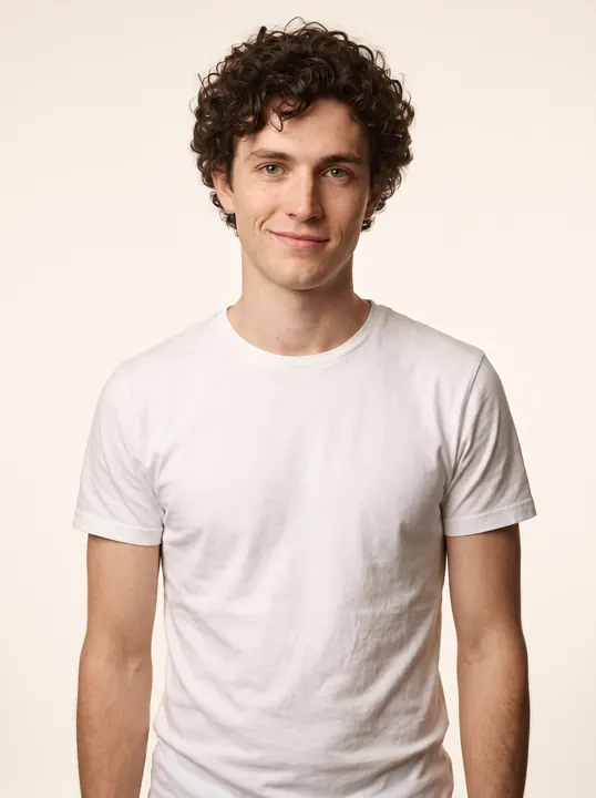 Theo, a fictional AI model: a young man with brown curls, in a white tee