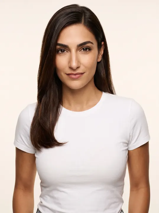 Valentina, a fictional AI model, in a white T-shirt
