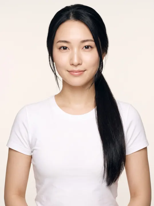Yui, a fictional AI model, in a white T-shirt
