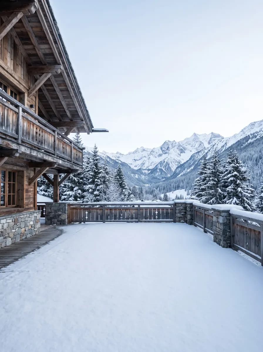 Snowy chalet terrace with alpine peaks