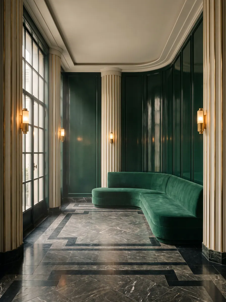 1930s-style salon with green lacquered walls, fluted columns, a curved green velvet sofa and a geometric marble floor
