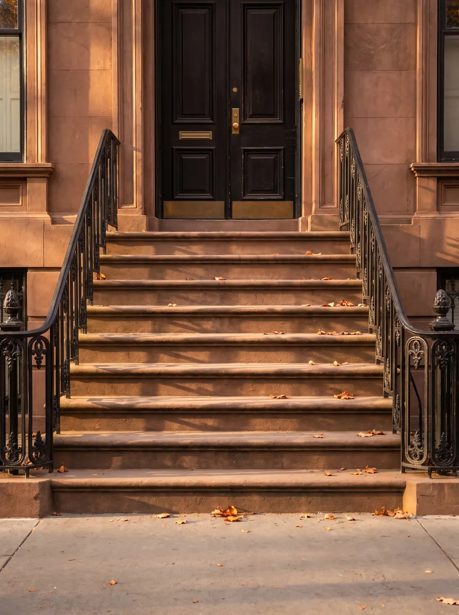 Brownstone front steps with black iron railings and fallen leaves, leading to a dark double door