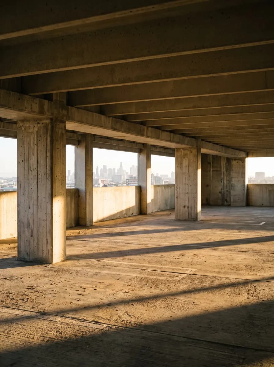 Raw concrete car park level with columns, long shadows from low sun and a city skyline beyond