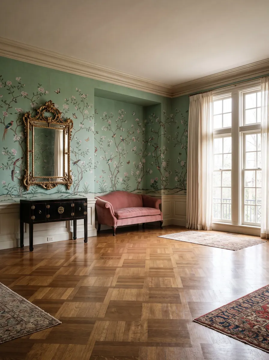 Salon with hand-painted mint chinoiserie walls, a gilt mirror, a pink velvet settee and rugs on parquet