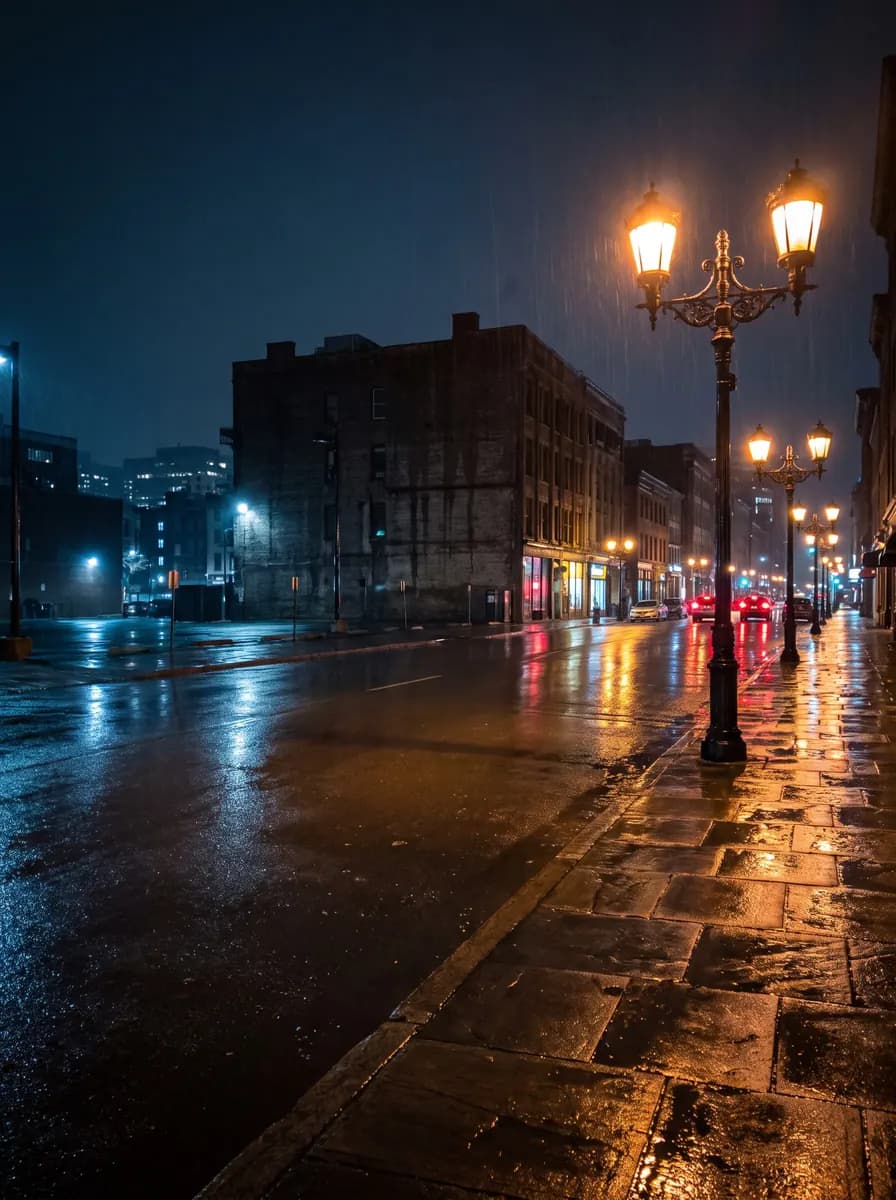 Rain-wet city pavement at night under glowing street lamps, with lights reflected in the road