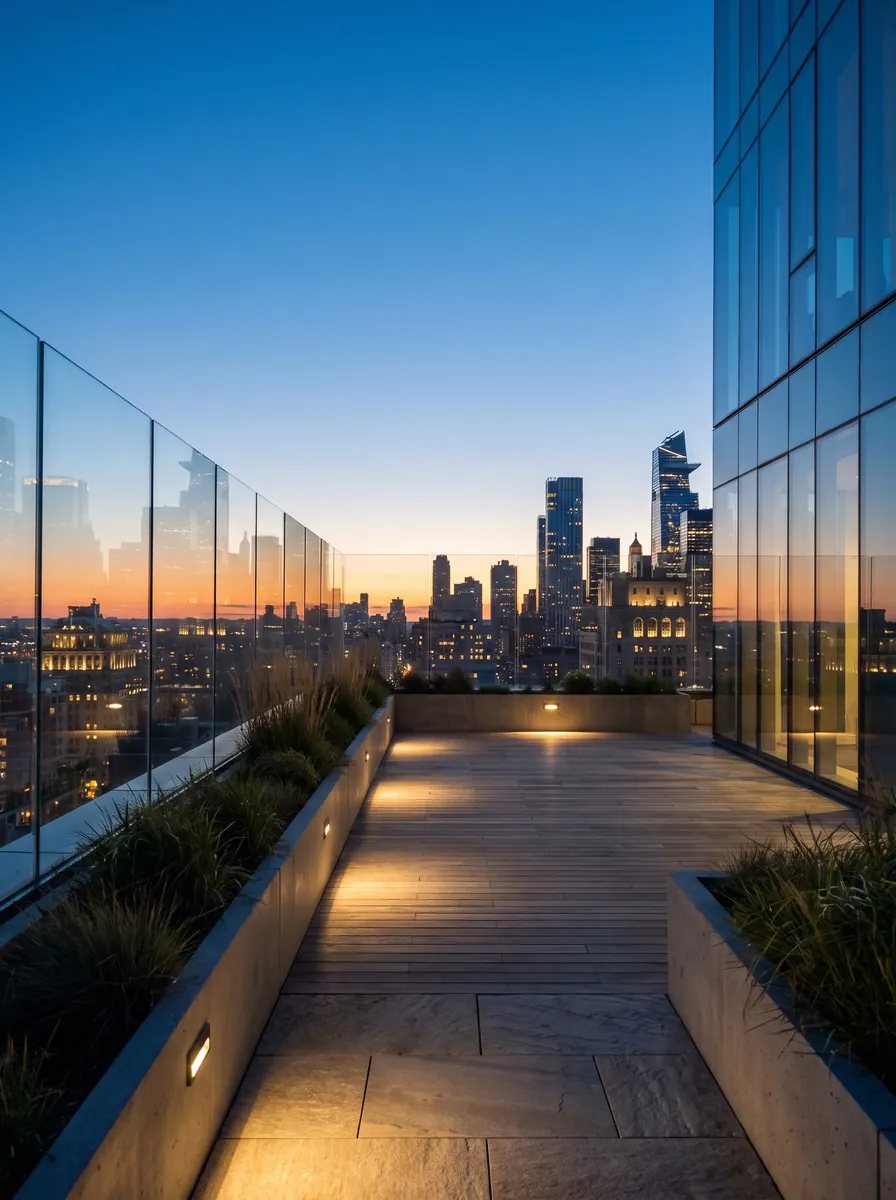 A rooftop terrace with glass balustrades and planted borders above a city skyline at dusk