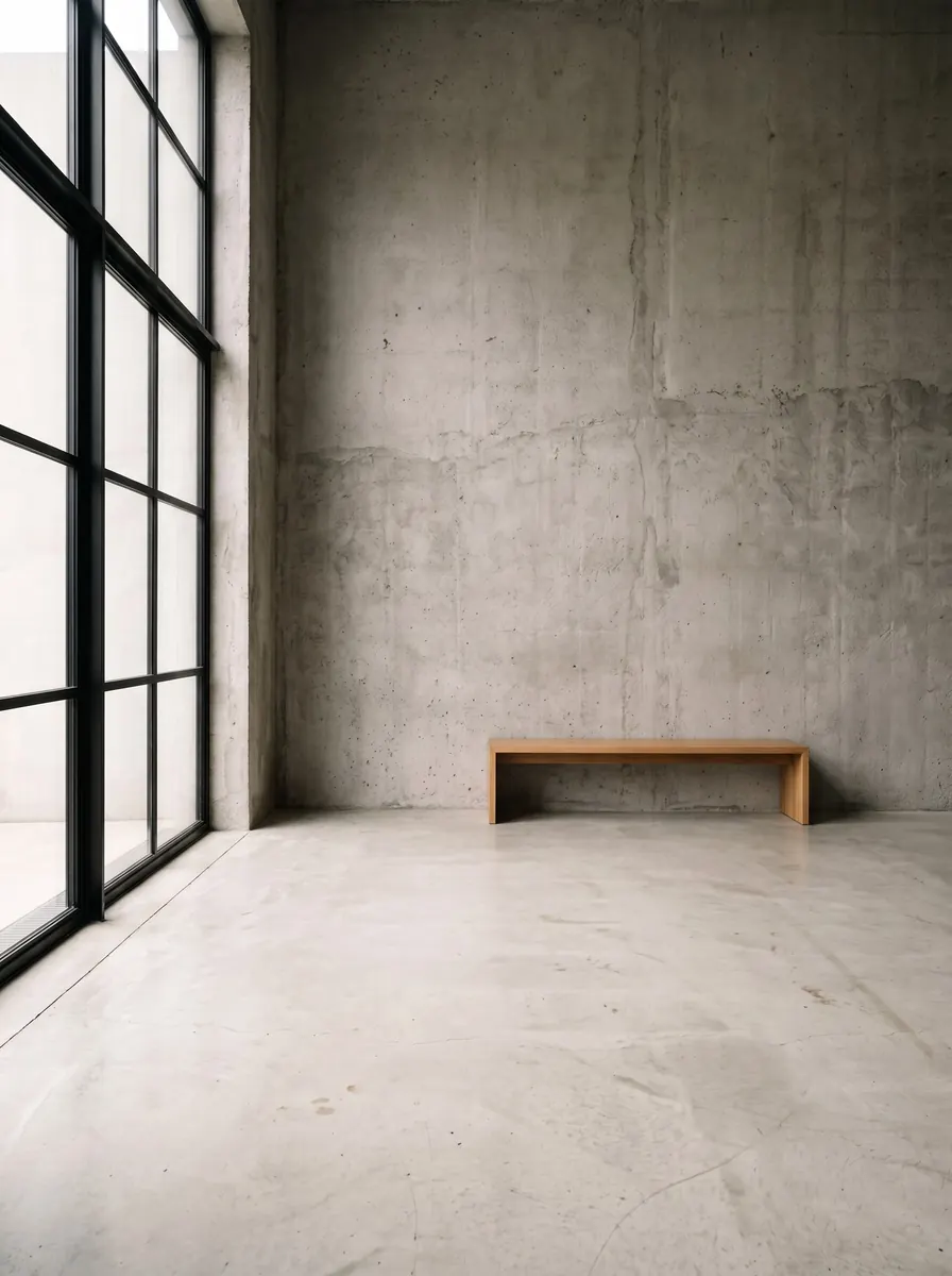 Minimal concrete loft with a tall black steel-framed window, a polished pale floor and a low oak bench