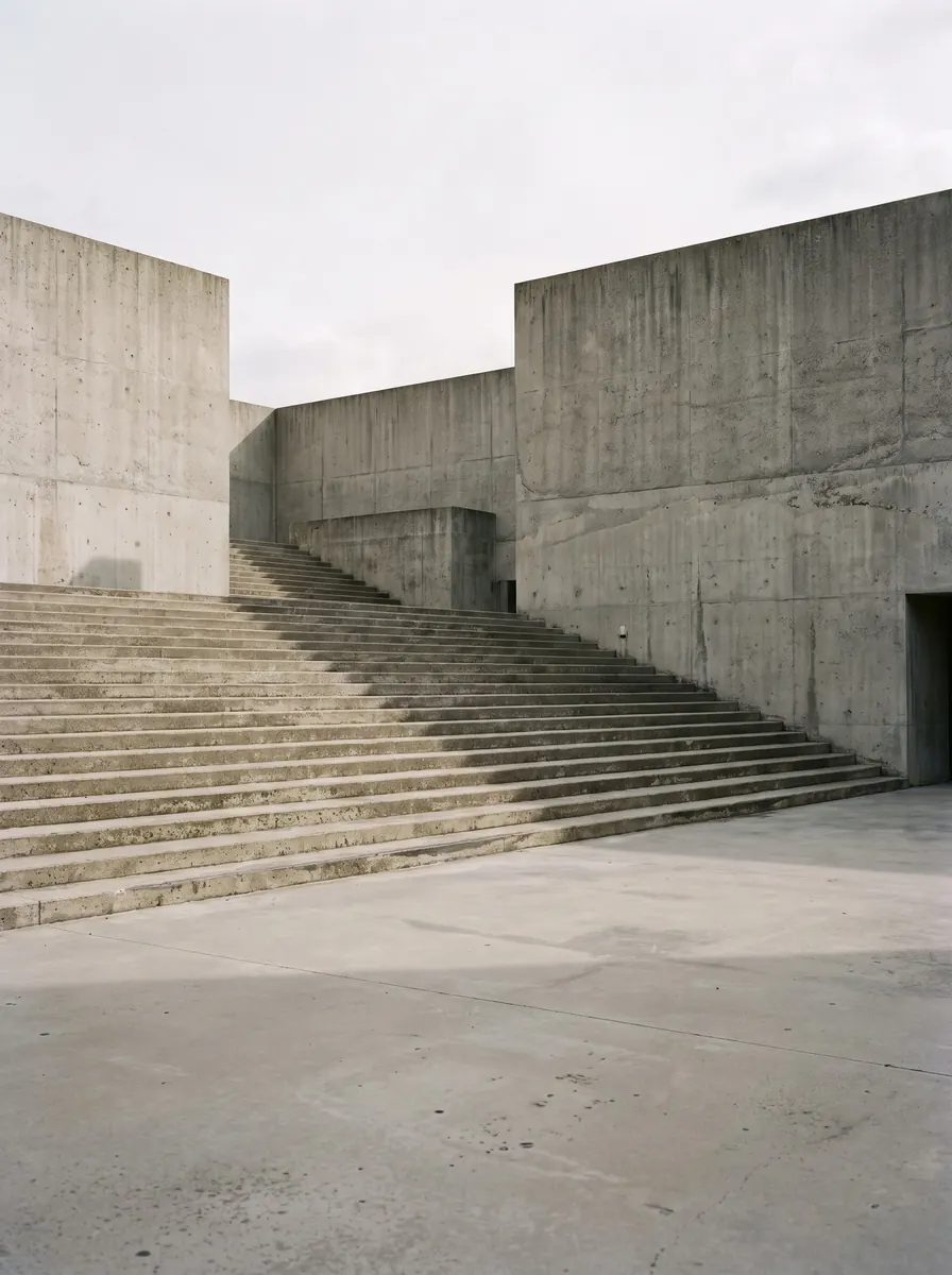Wide brutalist concrete steps between concrete walls in soft daylight