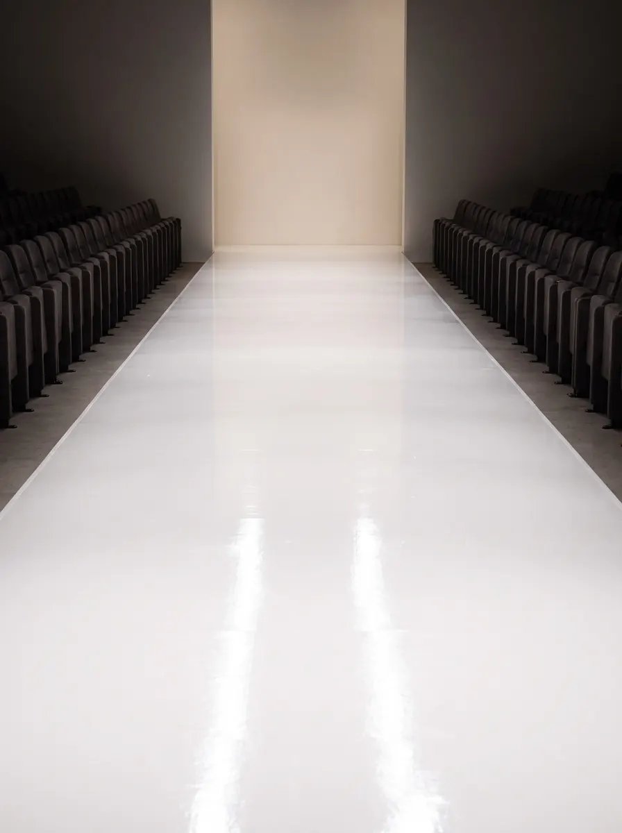 Long glossy white runway between rows of dark seats in a darkened venue