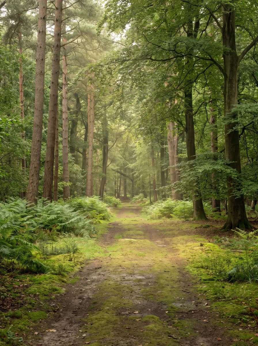 Mossy woodland path between tall trees and ferns in filtered light