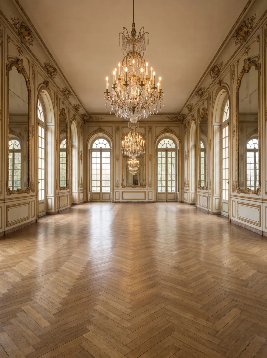 Ballroom with gilded mirrors, crystal chandeliers, arched windows and herringbone parquet