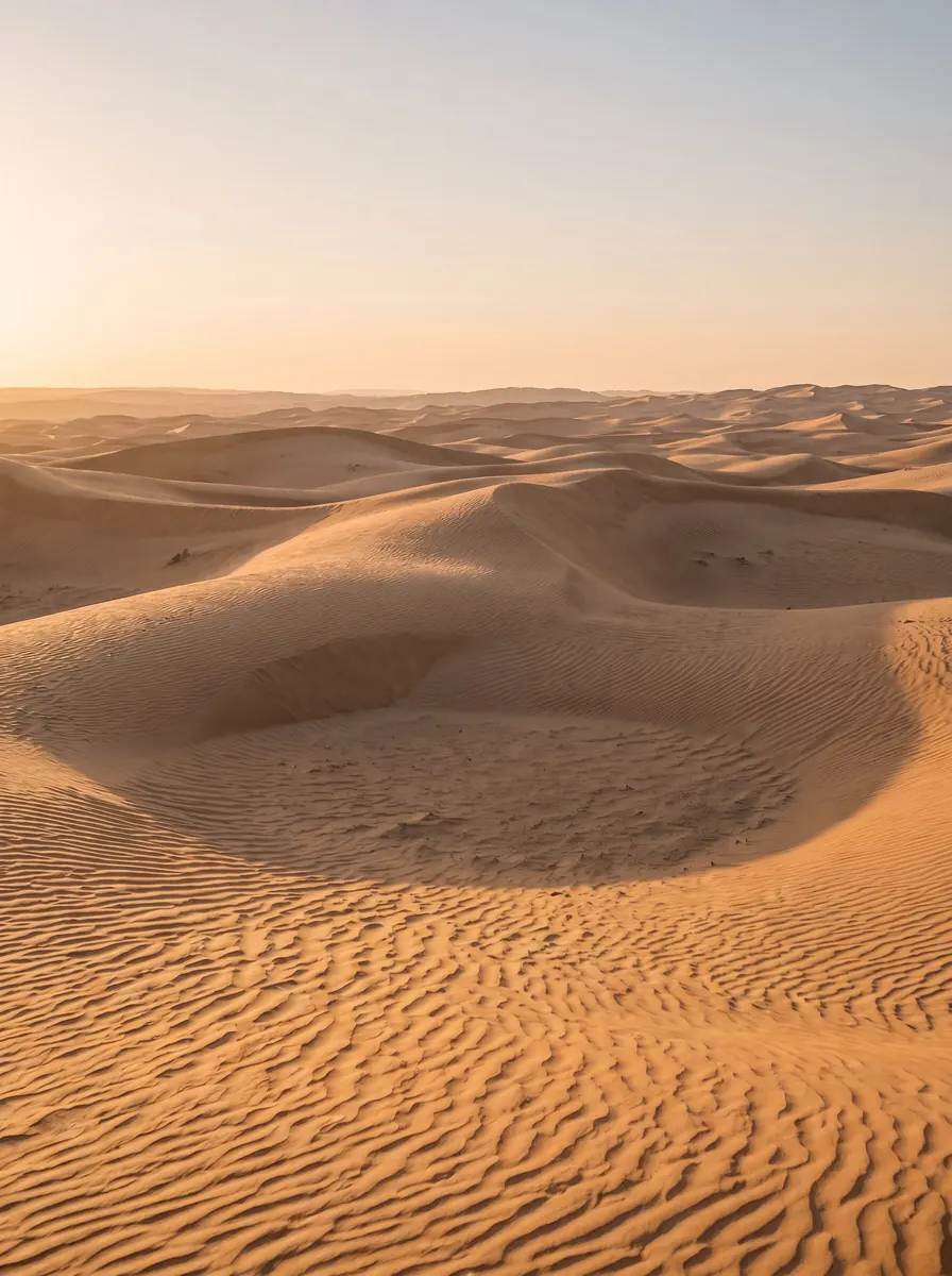 Rippled sand dunes at golden hour under a pale peach-to-blue sky