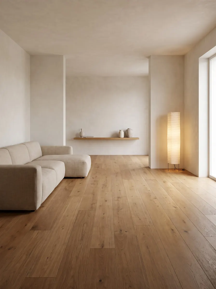 Calm Japandi room in oak and limewash