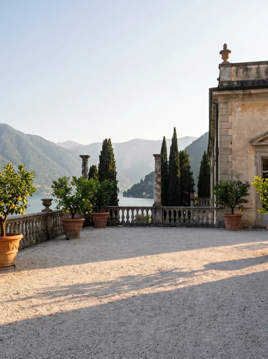 Villa terrace with a stone balustrade, lemon trees in terracotta pots and cypresses above a mountain lake