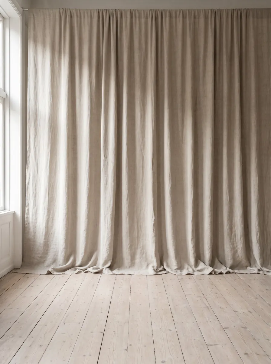 Oatmeal linen curtain hanging to a pale wooden floor, lit by window daylight