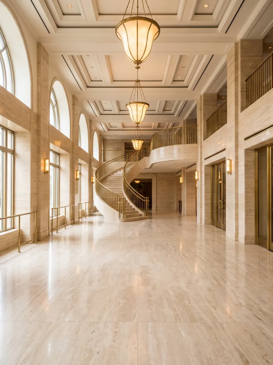 Cream marble hotel lobby with brass railings, a curved staircase, pendant lamps and arched windows