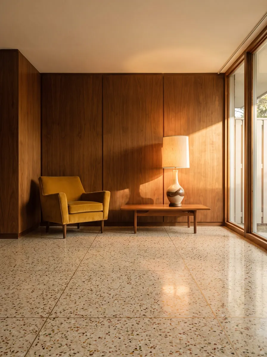 Walnut-panelled lounge with a mustard armchair, a table lamp and a terrazzo floor in warm light