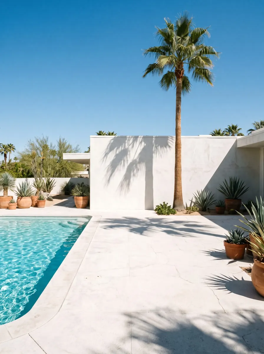 Modernist villa poolside with a turquoise pool, a white stone deck, a tall palm and agave in terracotta pots