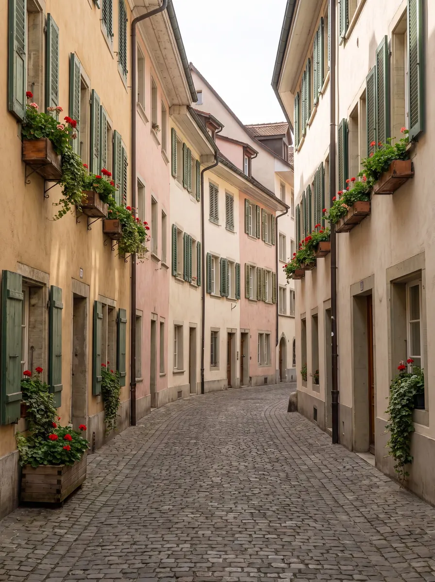 Narrow cobbled lane between pastel houses with green shutters and red geraniums in window boxes