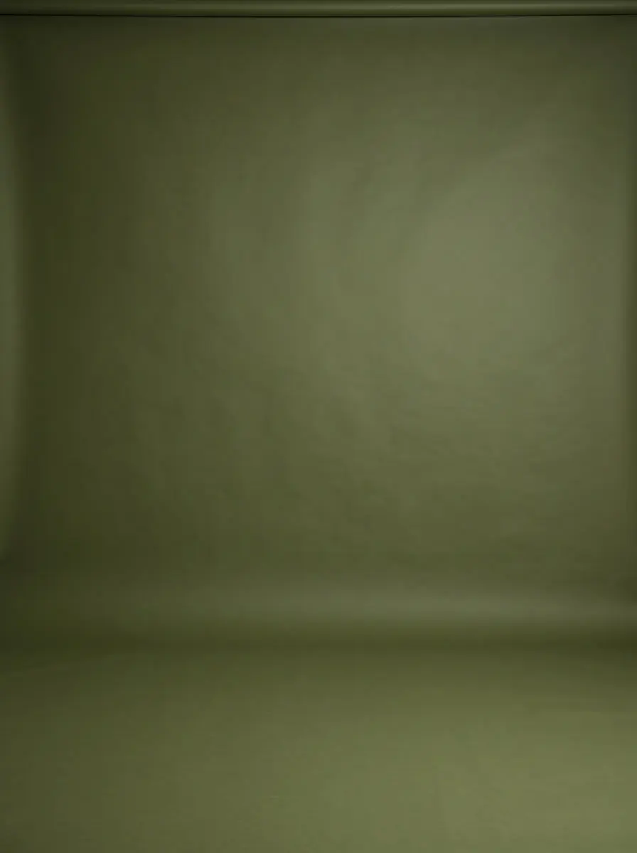 Deep olive-green backdrop curving into the floor in soft light