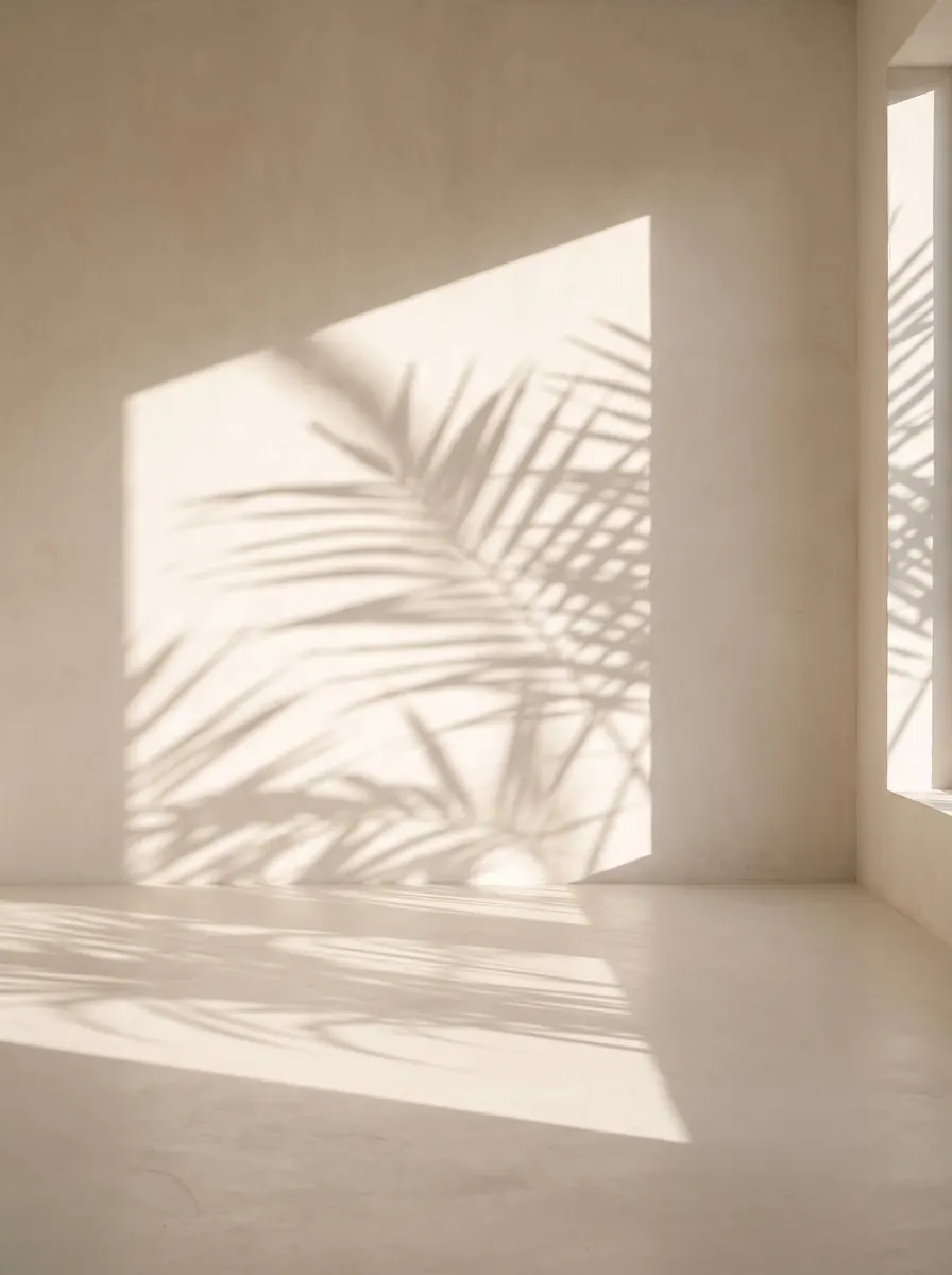 Warm plaster wall and floor with the shadow of palm leaves in low sun