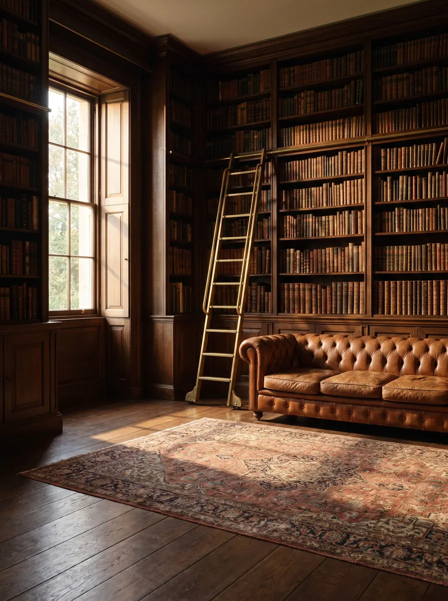 Library with dark wooden bookshelves, a rolling ladder, a tan leather sofa and a patterned rug