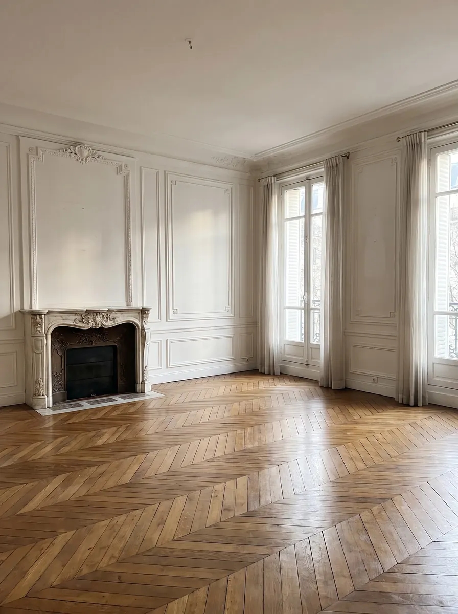 Haussmann salon with herringbone parquet, a carved marble fireplace, panelled walls and tall windows with sheer curtains