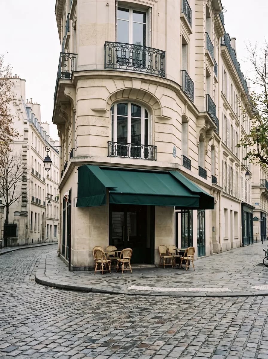 Quiet Parisian street corner with cream Haussmann facades, wrought-iron balconies, a café with a green awning and bistro chairs on cobblestones