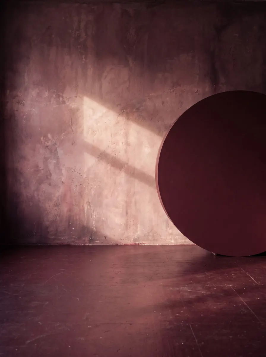 Dusty-rose plaster wall with a diagonal shaft of sunlight, a large burgundy disc and a dark burgundy floor