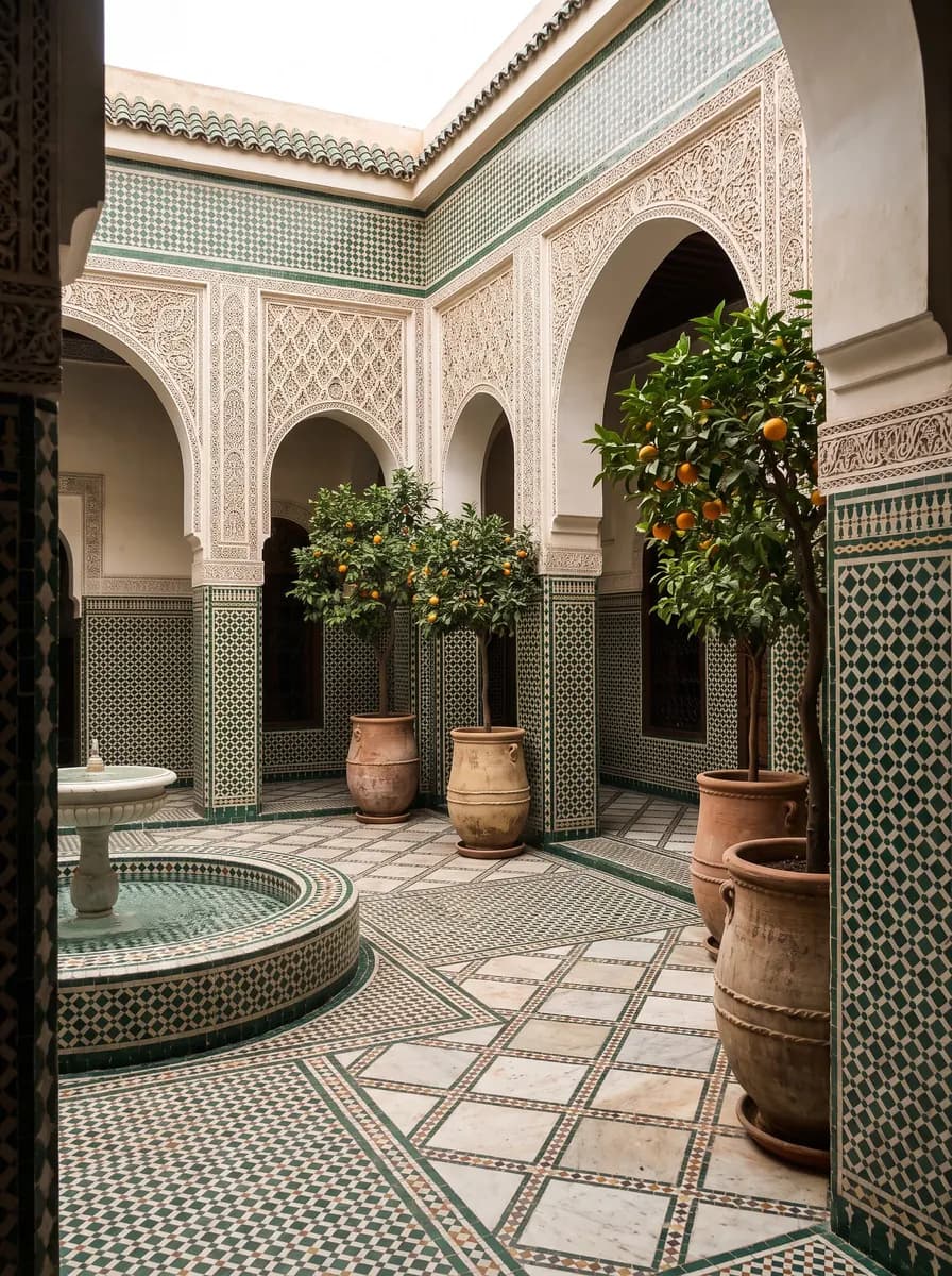 Zellige tiles, carved arches and a fountain in a Moroccan courtyard
