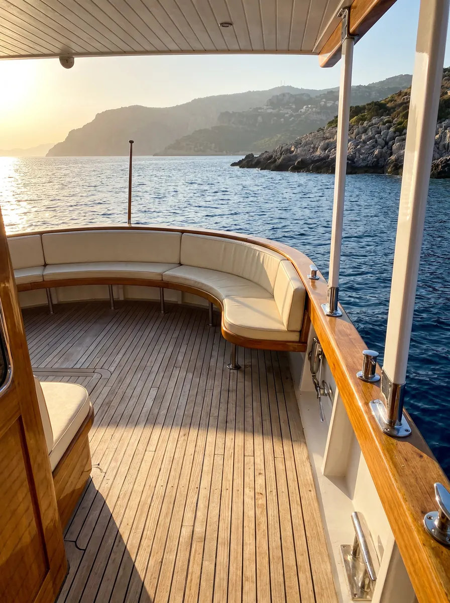 Teak yacht deck with cream cushioned seating and white rails above a deep-blue sea in late sun