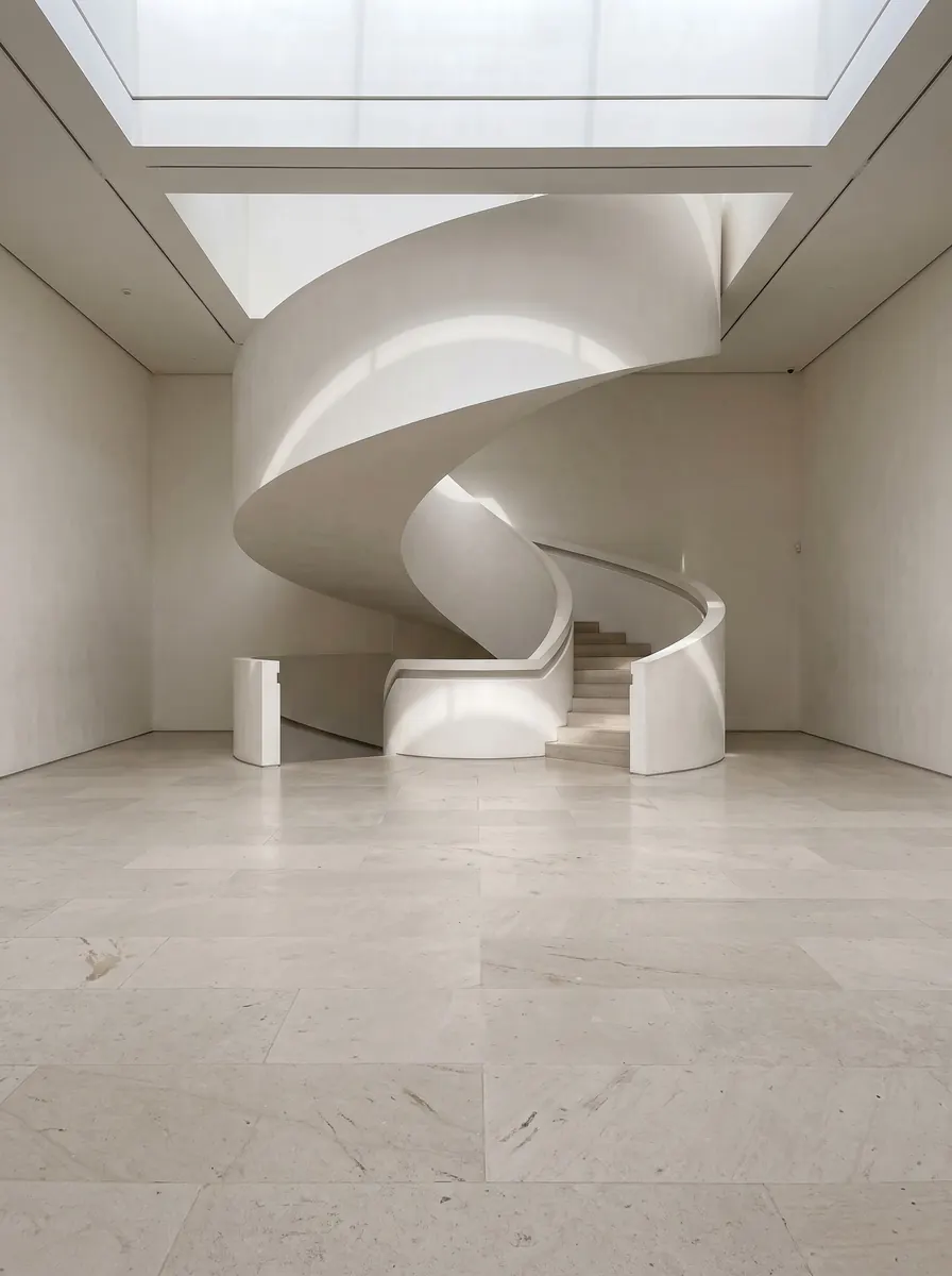 A sculptural white spiral staircase in a bright atrium under a skylight
