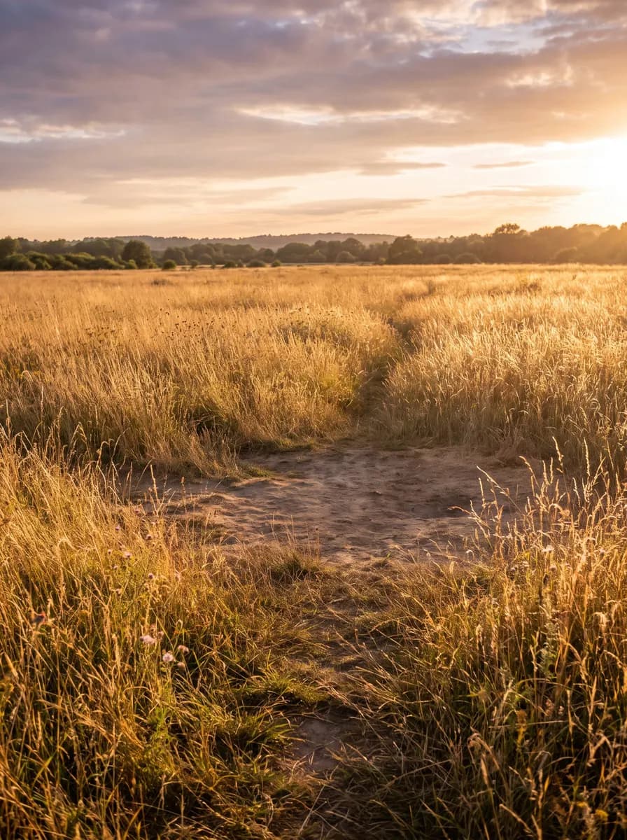 Golden grass meadow with a faint path under a sunset sky
